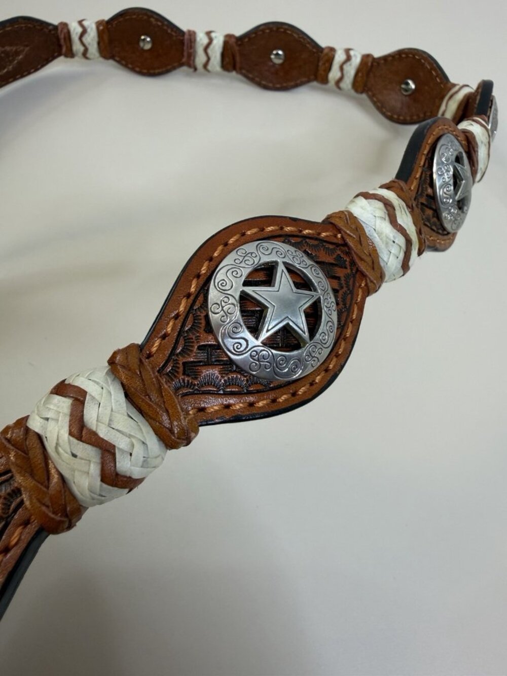 1996 Ranger Belt Co Sz 38 Hand Tooled Leather Braided Concho Brown Silver Metal